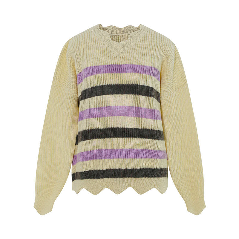V-neck striped versatile contrasting simple knit sweater