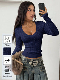Chic V-Neck Cable Knit Sweater for Women Fitted Short Length, Slimming Long Sleeve Pullover