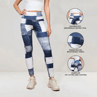 Denim-like Plaid Peach Print High-Waisted Tummy Control Slim Fit Yoga Fitness Pants