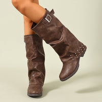 High Heel Boots Women Round Toe  Pleated Women's Knight Western Boots Women Bamboo Joint Mid-Calf Copper Buckle Western Fashion Tassel Boots