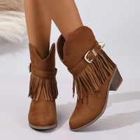 Western Style Fringe Ankle Boots for Women, Chunky Heel, Thick Sole, Belt Buckle, Leather Boots, Summer Fashion, Slip-On Design