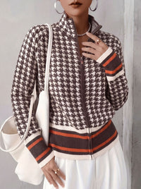 Chic Houndstooth Zip-Up Knit Cardigan for Women, Stand Collar, Color-Blocking, Slim Fit, Autumn/Winter Fashion Sweater Coat