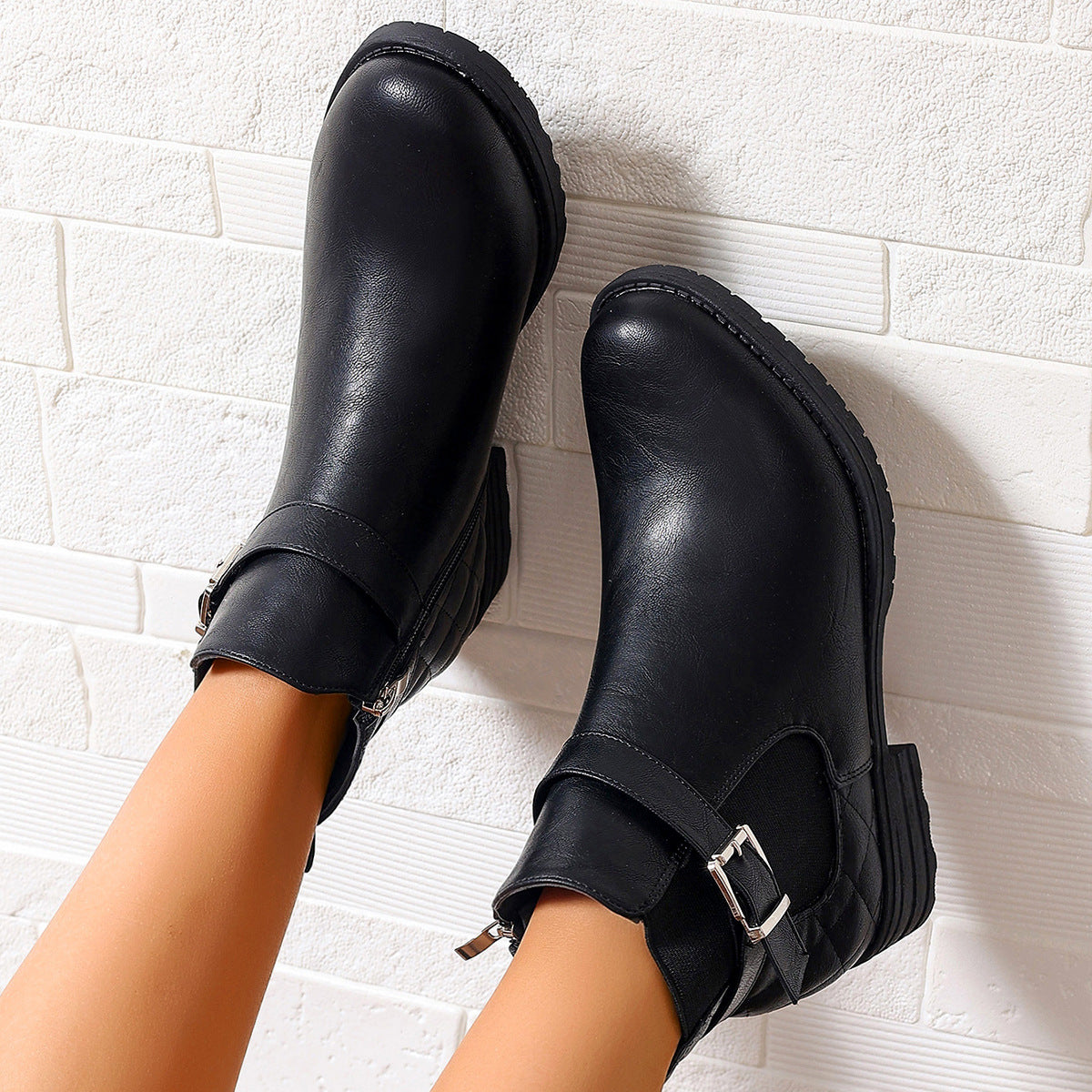 Women's Short Boots Autumn Winter Comfortable Low Heel Buckle Checkered Leather Boots
