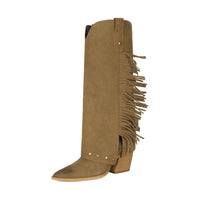 Fall Winter Western Boots for Women, Chunky High Heel, Pointed Toe, Tall Boot with Studs and Fringe Made to order, ships in 7 days