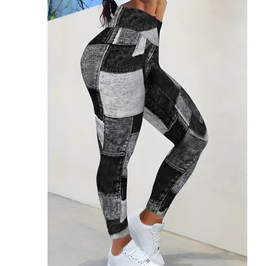 Denim-like Plaid Peach Print High-Waisted Tummy Control Slim Fit Yoga Fitness Pants