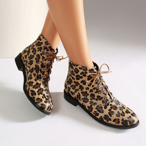 Autumn/winter casual low heel leopard print  extra large size lace-up low-cut Martin boots Made to order, ships in 7 days