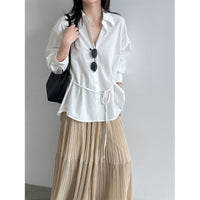 Autumn New Belted Waist Notch Collar Versatile Shirt for Women  Office Casual Simple Top Outerwear