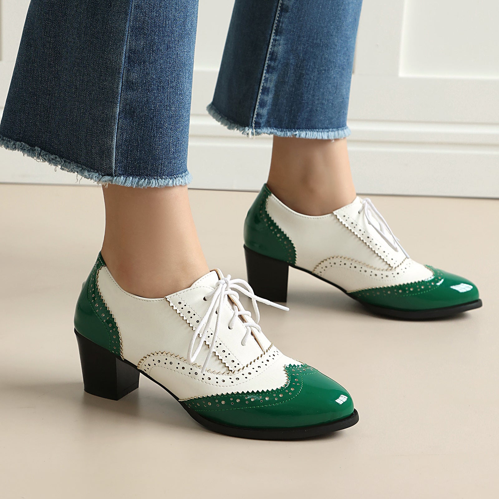 Autumn/Winter High Heel Chunky Heel Color Block Burnt Flower Front Lace-Up Brogue Shoes Made to order, ships in 7 days