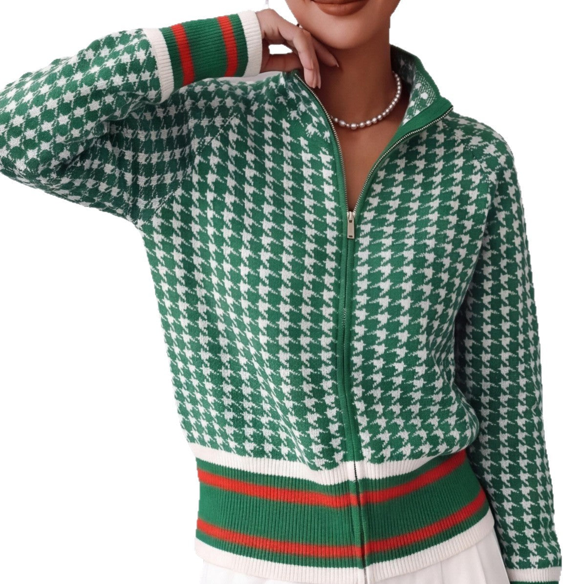 Chic Houndstooth Zip-Up Knit Cardigan for Women, Stand Collar, Color-Blocking, Slim Fit, Autumn/Winter Fashion Sweater Coat