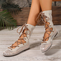 Woven Mesh Elegant Commute Daily Mid-Calf Boots Flat Round Toe Fashion Women's Boots Plus Size Women's Boots Lace-Up Hollow Out