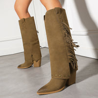 Fall Winter Western Boots for Women, Chunky High Heel, Pointed Toe, Tall Boot with Studs and Fringe Made to order, ships in 7 days