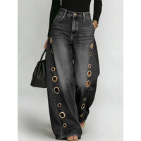 New jeans for women, metal eyelet design, casual loose high-waisted wide-leg jeans