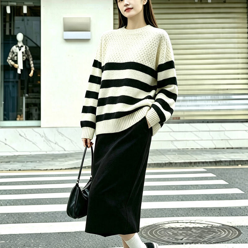 Round neck striped versatile contrasting simple knit sweater