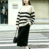 Round neck striped versatile contrasting simple knit sweater