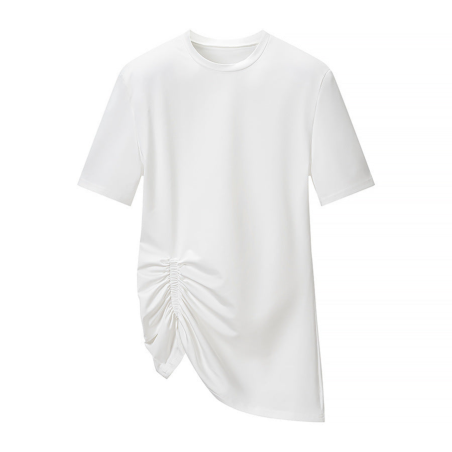 Irregular hem design with side pleats short sleeved T-shirt