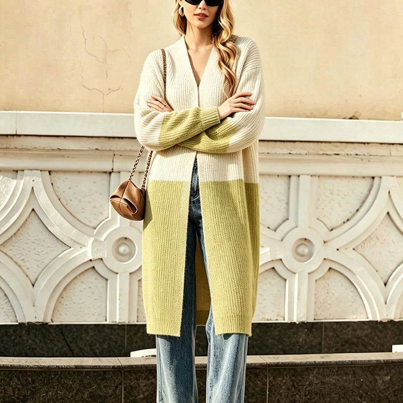 Lazy style loose cardigan contrasting color knit sweater
