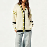 Versatile lazy style loose contrasting striped cardigan knit sweater