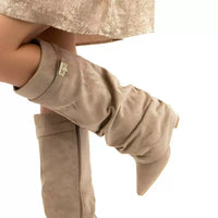 Pointed Toe Straight Tube Pleated Metal Buckle Mid-Calf Boots for Women, Chunky Heel Pipe Boots, Wide Size Available