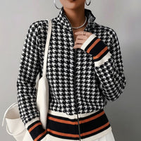 Chic Houndstooth Zip-Up Knit Cardigan for Women, Stand Collar, Color-Blocking, Slim Fit, Autumn/Winter Fashion Sweater Coat