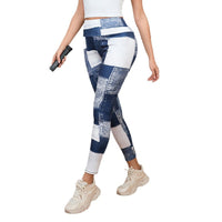 Denim-like Plaid Peach Print High-Waisted Tummy Control Slim Fit Yoga Fitness Pants