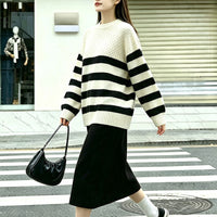 Round neck striped versatile contrasting simple knit sweater