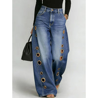 New jeans for women, metal eyelet design, casual loose high-waisted wide-leg jeans