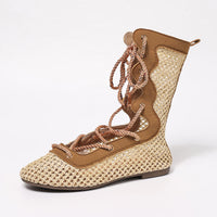 Woven Mesh Elegant Commute Daily Mid-Calf Boots Flat Round Toe Fashion Women's Boots Plus Size Women's Boots Lace-Up Hollow Out
