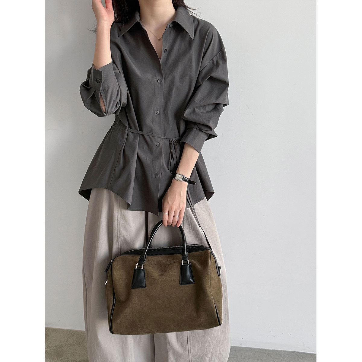 Autumn New Belted Waist Notch Collar Versatile Shirt for Women  Office Casual Simple Top Outerwear