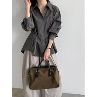 Autumn New Belted Waist Notch Collar Versatile Shirt for Women  Office Casual Simple Top Outerwear