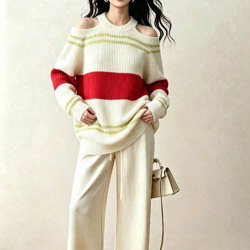 Round neck striped versatile contrasting simple knit sweater