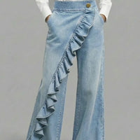 Vintage Irregular Mid-Waist Genuine Denim Pants for WomenSpring and Summer Fashion