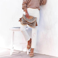 Straight Leg Ankle-Length White Raw Hem Denim Pants T Casual Wear