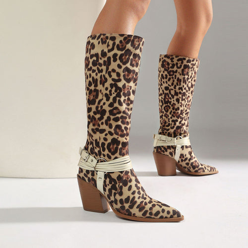Western Style High Heel Boots for Women, Chunky Heeled, Pointed Toe, Over-the-Knee, Belt Buckle Detail Made to order, ships in 7 days