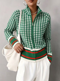 Chic Houndstooth Zip-Up Knit Cardigan for Women, Stand Collar, Color-Blocking, Slim Fit, Autumn/Winter Fashion Sweater Coat