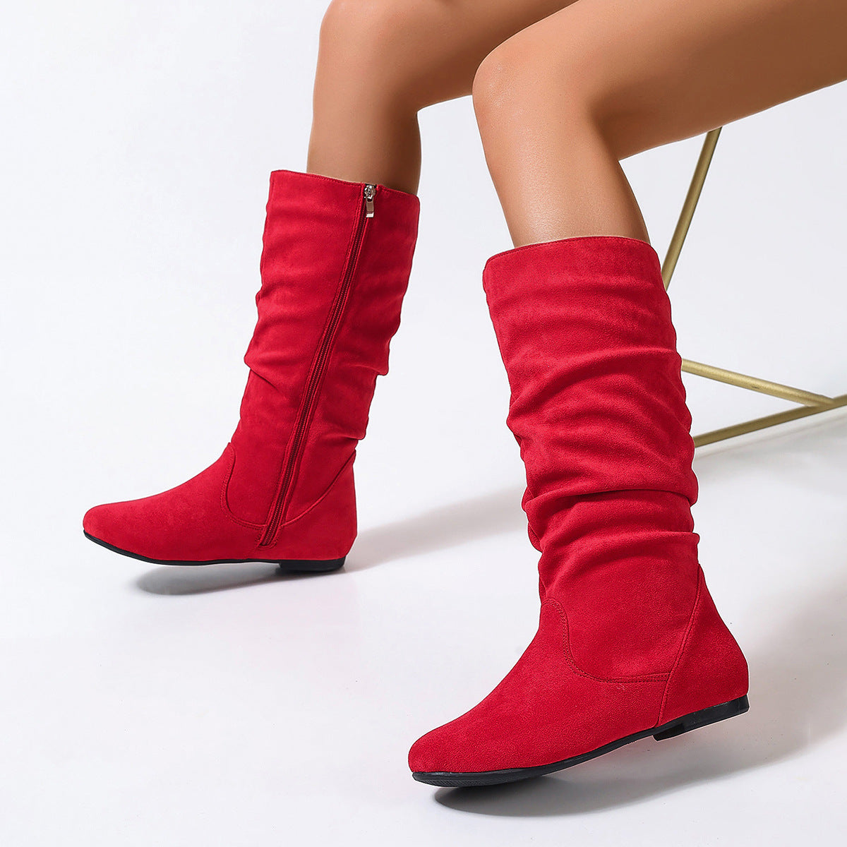 Casual Versatile Durable Comfortable Mid-Calf Boots Lightweight Pleated Side Zip Women's Leather Boots Flat Summer Boots