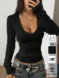 Chic V-Neck Cable Knit Sweater for Women Fitted Short Length, Slimming Long Sleeve Pullover