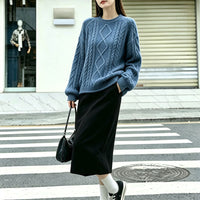 Round neck Fried Dough Twists stripe versatile solid simple knitwear