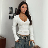 Chic V-Neck Cable Knit Sweater for Women Fitted Short Length, Slimming Long Sleeve Pullover