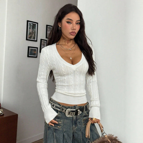 Chic V-Neck Cable Knit Sweater for Women Fitted Short Length, Slimming Long Sleeve Pullover