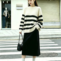 Round neck striped versatile contrasting simple knit sweater