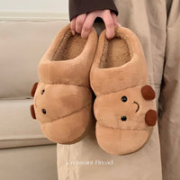 Men's and Women's Winter Cotton Slippers for Home, Couple Cute Croissant Bread