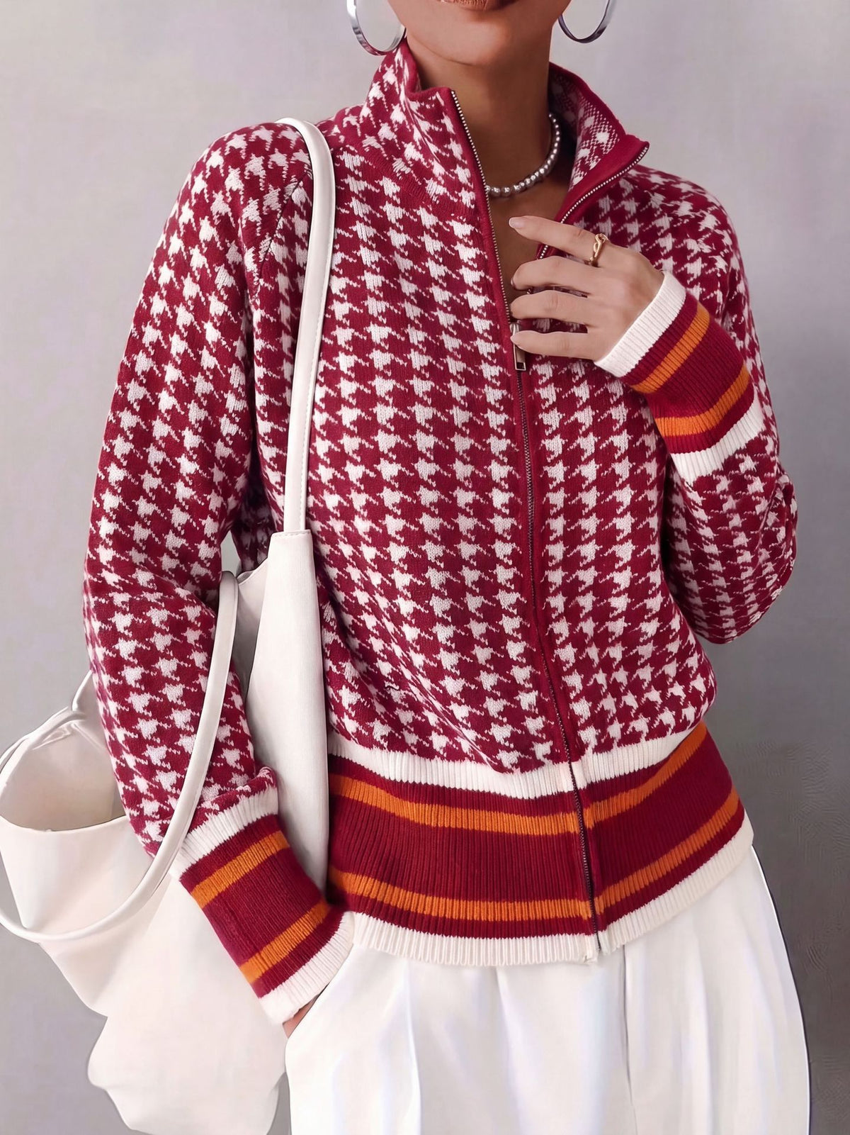 Chic Houndstooth Zip-Up Knit Cardigan for Women, Stand Collar, Color-Blocking, Slim Fit, Autumn/Winter Fashion Sweater Coat