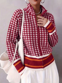 Chic Houndstooth Zip-Up Knit Cardigan for Women, Stand Collar, Color-Blocking, Slim Fit, Autumn/Winter Fashion Sweater Coat