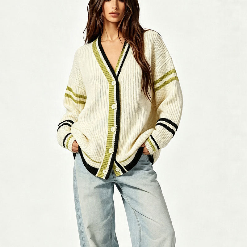 Versatile lazy style loose contrasting striped cardigan knit sweater
