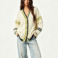 Versatile lazy style loose contrasting striped cardigan knit sweater