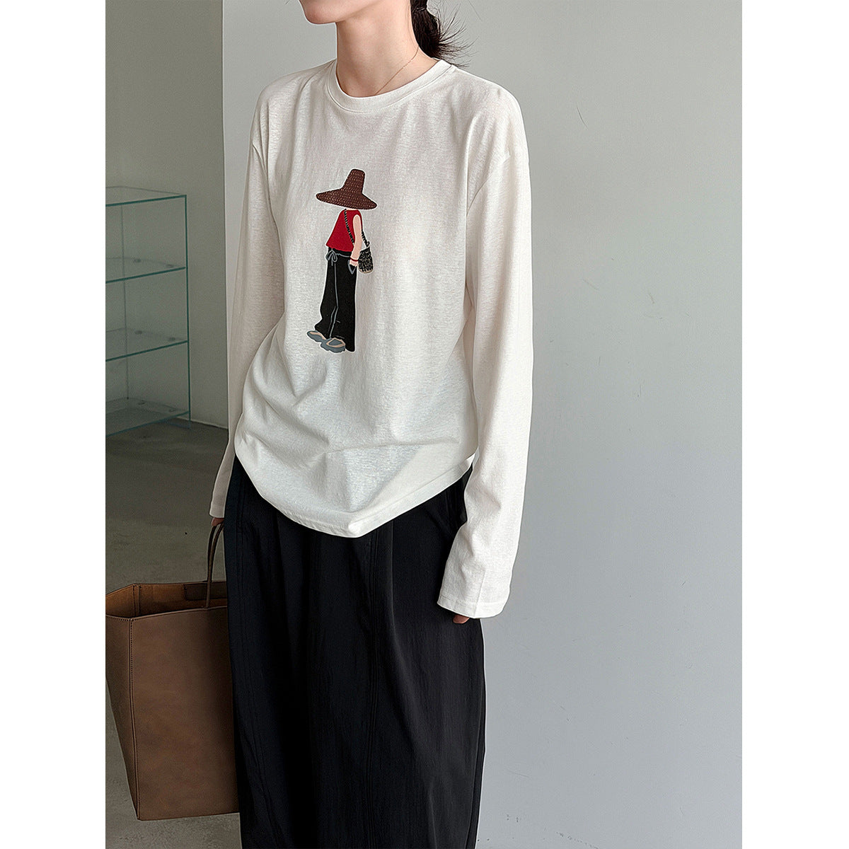 Printed Simple Versatile Round Neck Long Sleeve T-Shirt for Women Casual Basic Top