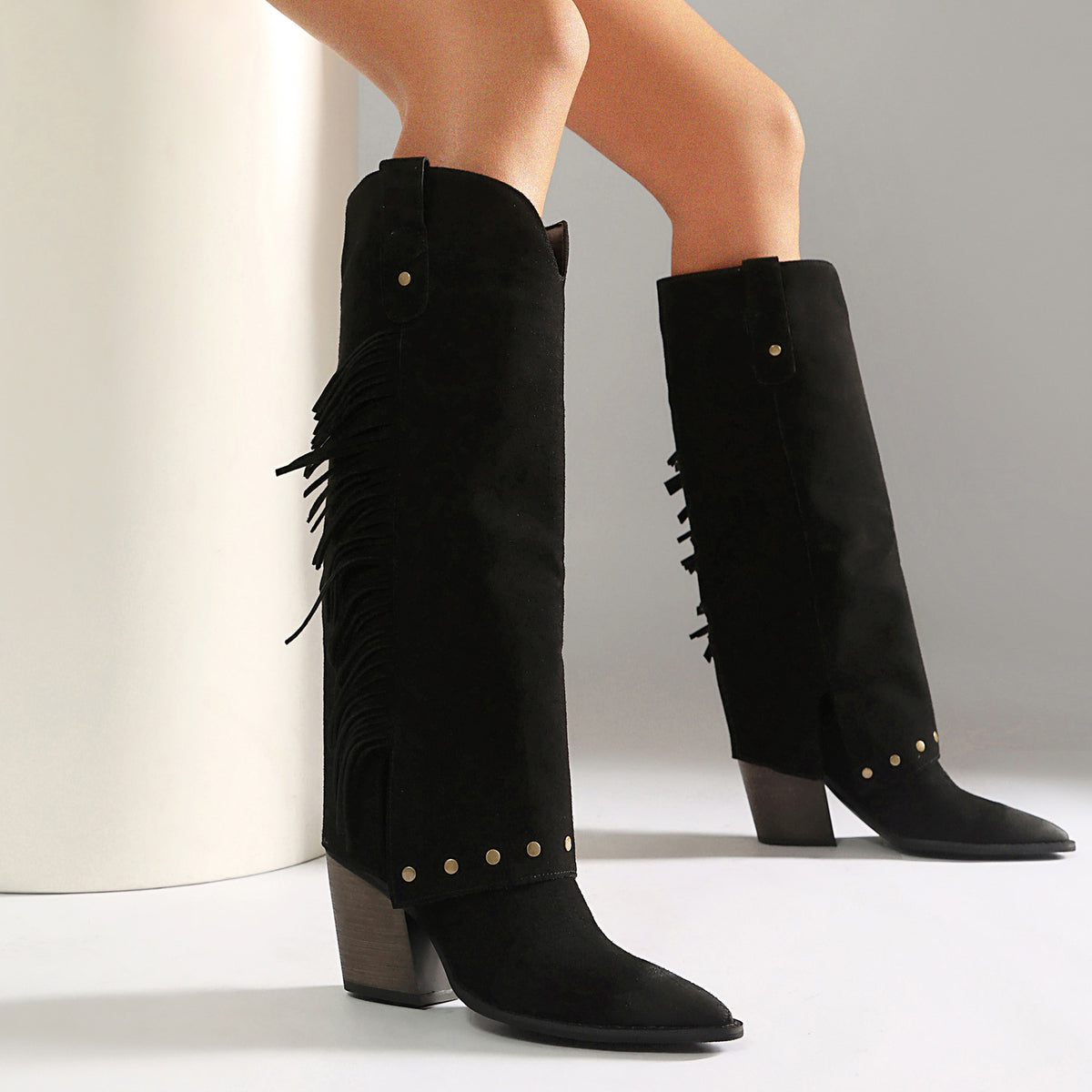 Fall Winter Western Boots for Women, Chunky High Heel, Pointed Toe, Tall Boot with Studs and Fringe Made to order, ships in 7 days