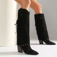 Fall Winter Western Boots for Women, Chunky High Heel, Pointed Toe, Tall Boot with Studs and Fringe Made to order, ships in 7 days