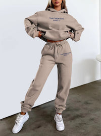 Casual Hooded Sweatshirt with Letter Print, Fleece Lined Long Pants Set for Women