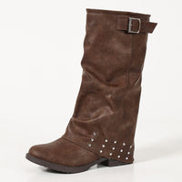 High Heel Boots Women Round Toe  Pleated Women's Knight Western Boots Women Bamboo Joint Mid-Calf Copper Buckle Western Fashion Tassel Boots